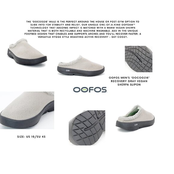 Oofos Men’s ‘OOcoozie’ Recovery Gray Vegan Sherpa SlipOn: Size US 10 - Picture 1 of 10